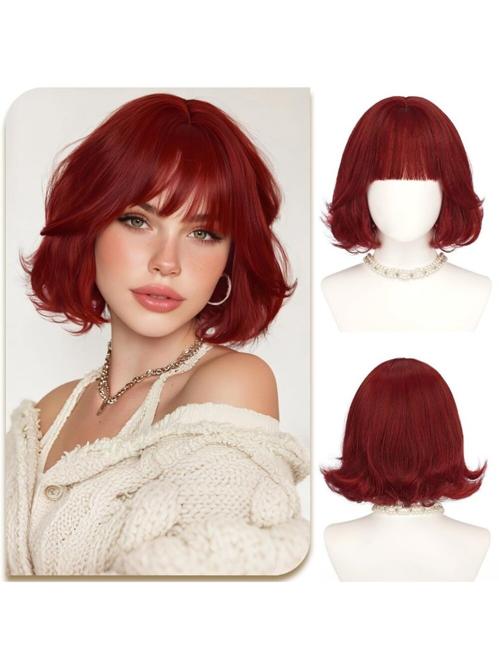 12 Inch Women's Bright Cherry Red Layered Synthetic Bob Wig Natural Bangs